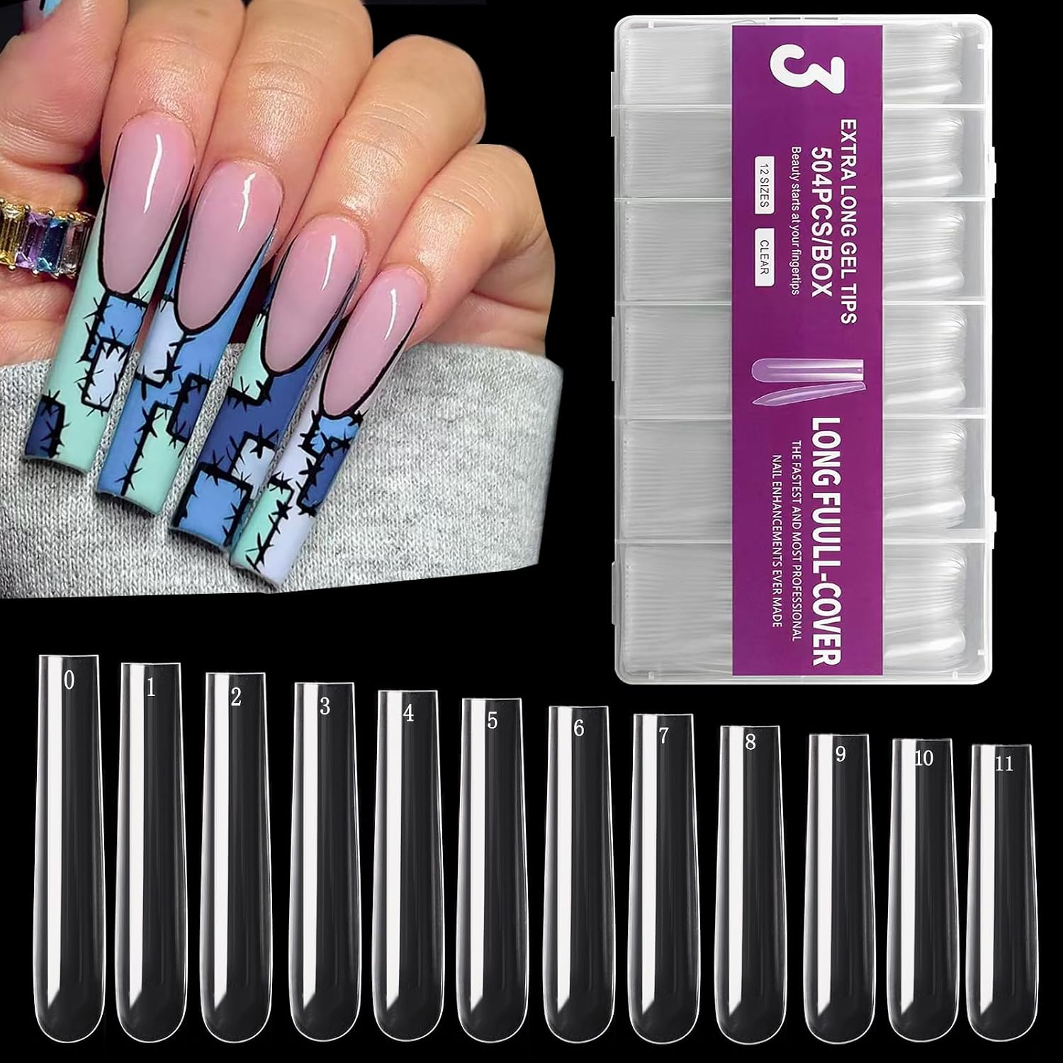 504PCS No C Curve Square Nail Tips - Extra Long Acrylic Tips