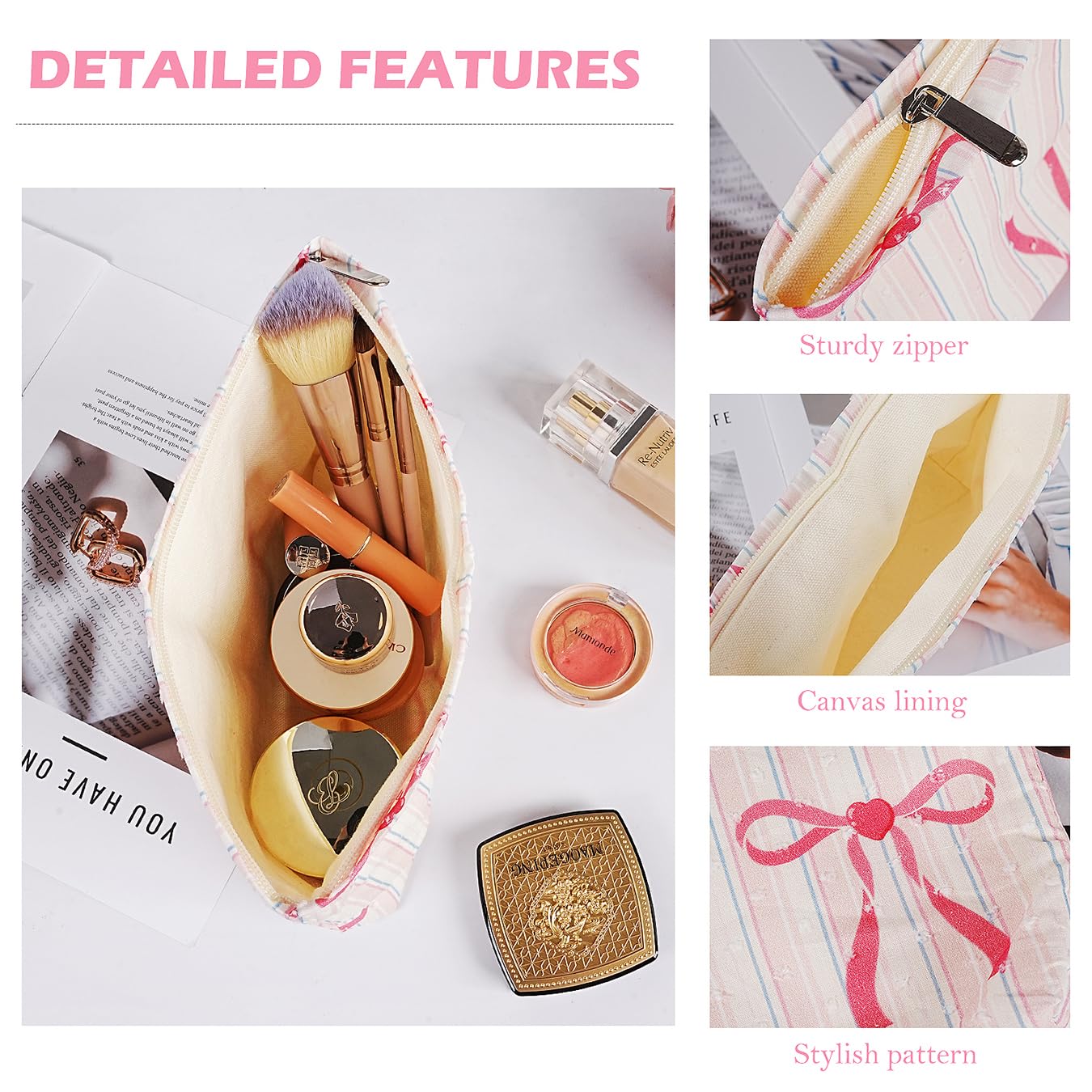 Large Makeup Bag for Purse Pink Stripe Bow Cosmetic Bag for Women Girls Cute Pink Bowknot Canvas Travel Toiletry Bag Organizer - Image 4