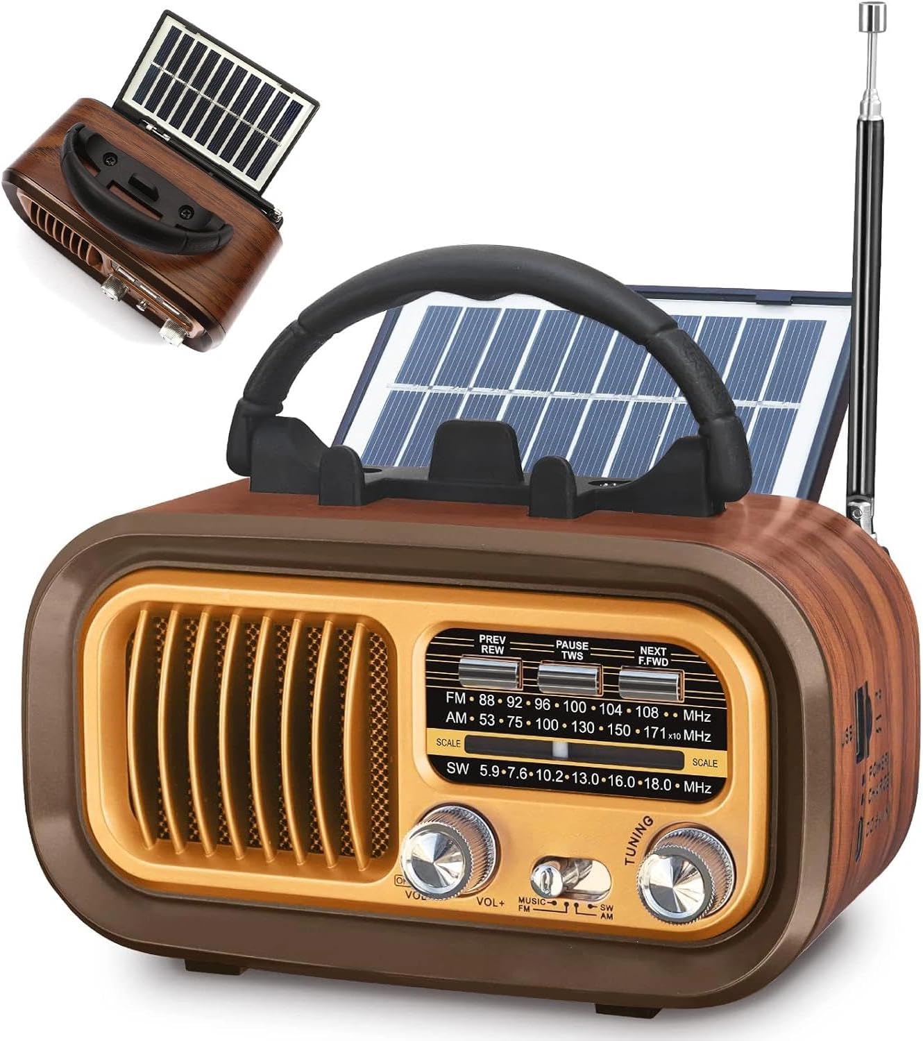 Exrp Small Retro Vintage Radio Bluetooth, Portable Radio AM FM Transistor with Best Sound, Solar/Battery Operated Radio/Rechargeable Radio, TWS, Support TF Card/USB Playing