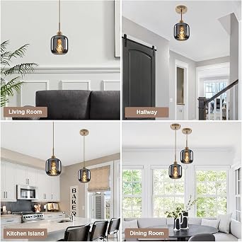 WILON Vintage Pendant Light, Cylindrical Glass Lampshades, Grey Shades | Adjustable Hanging Lights for Living Room Dining Room Loft [Energy Class E] [Energy Class E]