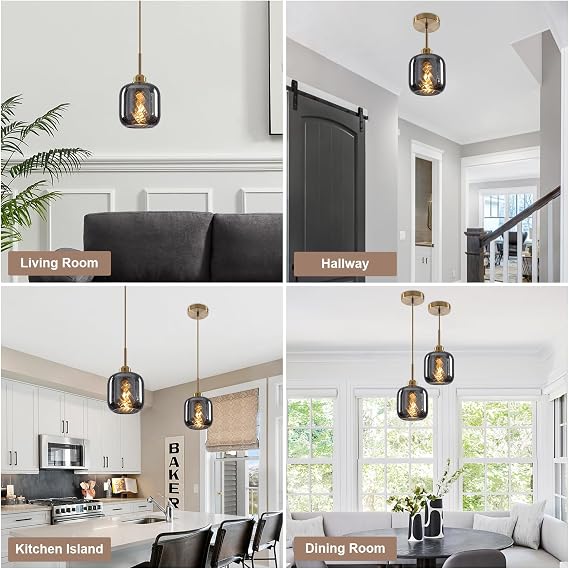 WILON Vintage Pendant Light, Cylindrical Glass Lampshades, Grey Shades | Adjustable Hanging Lights for Living Room Dining Room Loft [Energy Class E] [Energy Class E]