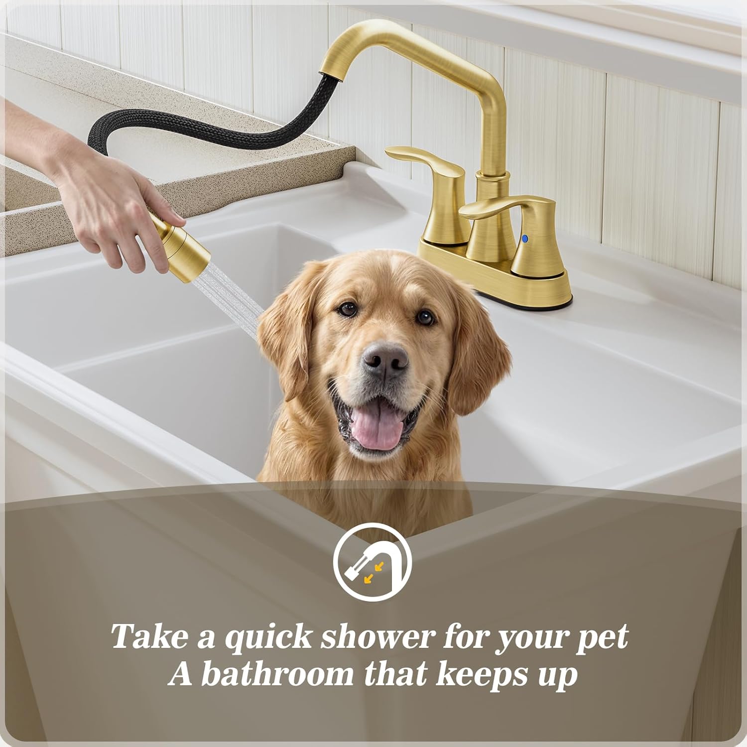 Phiestina Gold Utility Sink Faucet 3 Hole, Laundry Sink Faucet with Pull Out Sprayer, Long Spout Dual Handle Modern Bathroom Faucet, 4 Inch CenterSet Laundry & Utility Room Sink Faucets, LF36CL-2M-BG