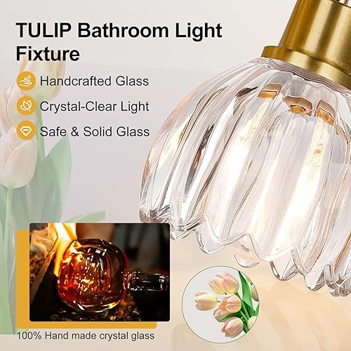 Miniatura 3 de Lámparas de baño de 4 luces, luces de tocador de 27 pulgadas de oro cepillado para baño con pantalla de tulipán transparente acanalado, accesorios