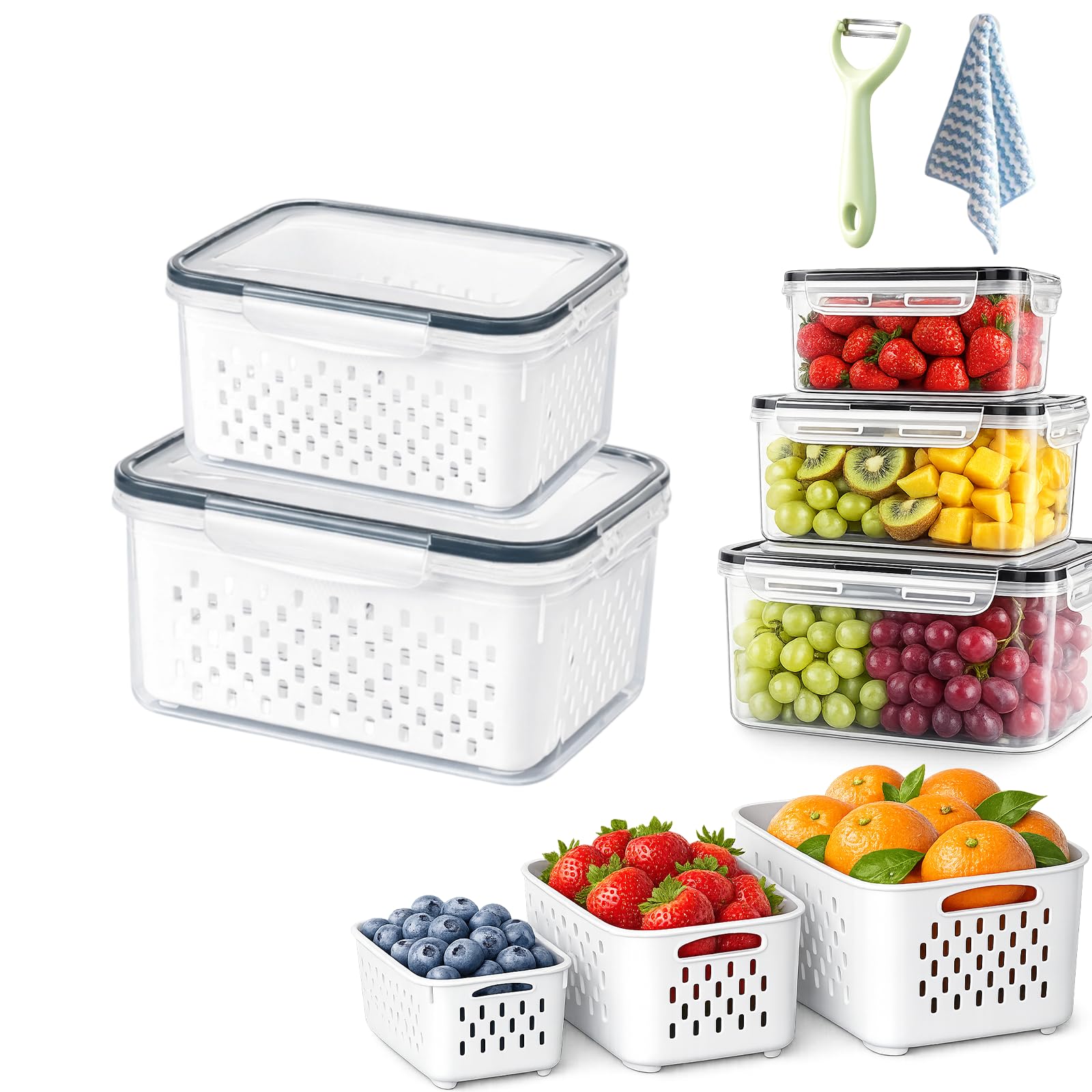 4-in-1 Produce Storage Containers, 3-Pack Set Fruit Storage Containers for Fridge with Removable Colander & Airtight Lids, Leak Proof Drain Basket for Fresh Vegetable Organization (Gray,S+M)