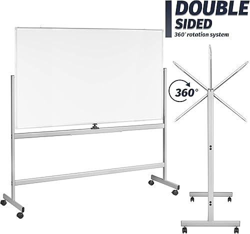 Miniatura 3 de INNOVART Pizarra blanca móvil de 72 x 40 pulgadas, pizarra magnética de borrado en seco de doble cara reversible de 360 con soporte rodante portátil