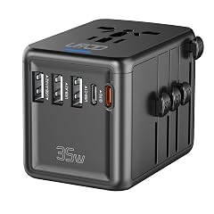 35W PD Universal Travel Adapter 5 USB A C Ports and 2500W AC Outlet Fast Charging International Plug