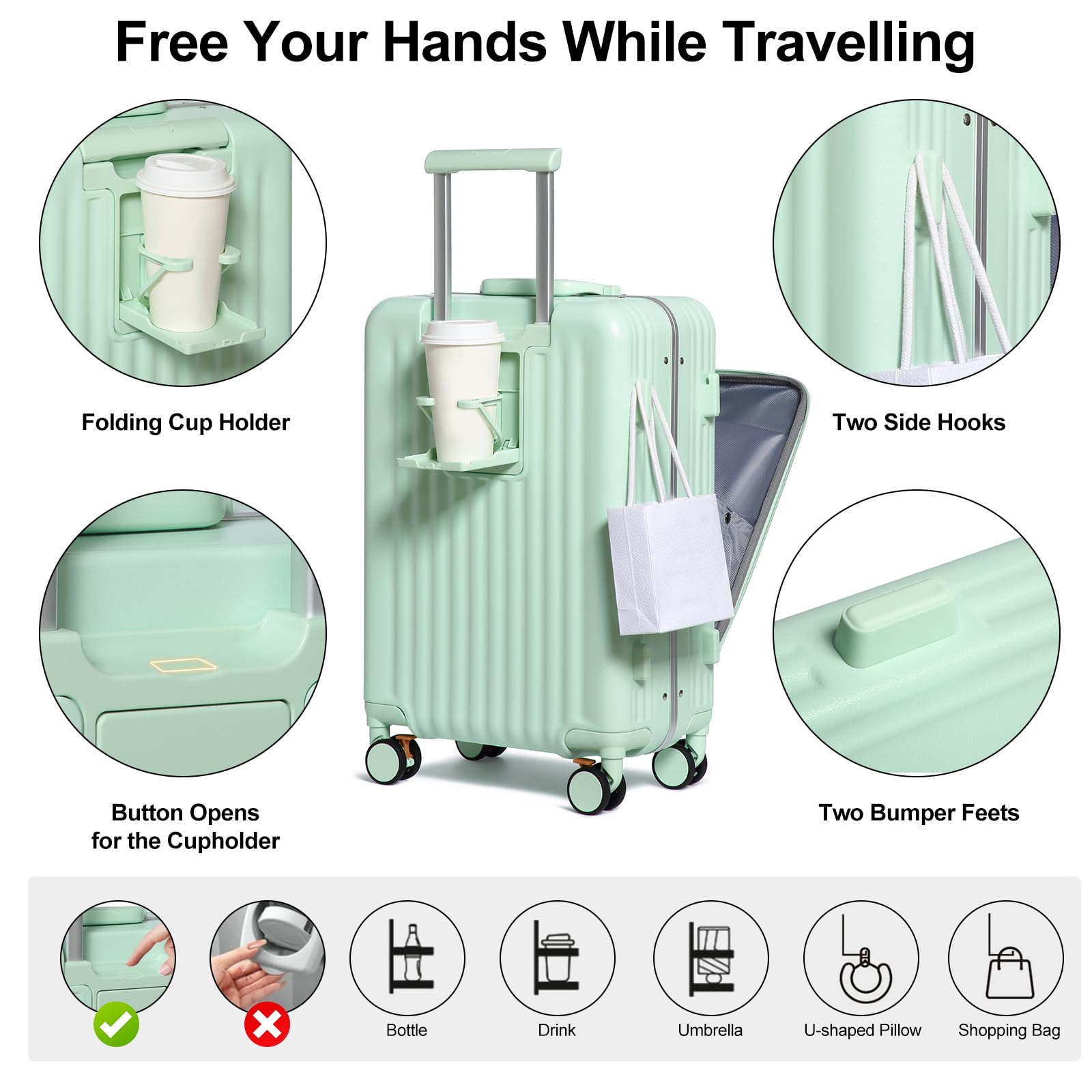 Sea choice Set di 2 Valigie Trolley in PC Bagaglio a Mano Set 2 Pezzi Valigie Rigide con 4 Doppie Ruote a 360° et Chiusura TSA 55cm/78cm con Ricarica USB, Porta bicchieri