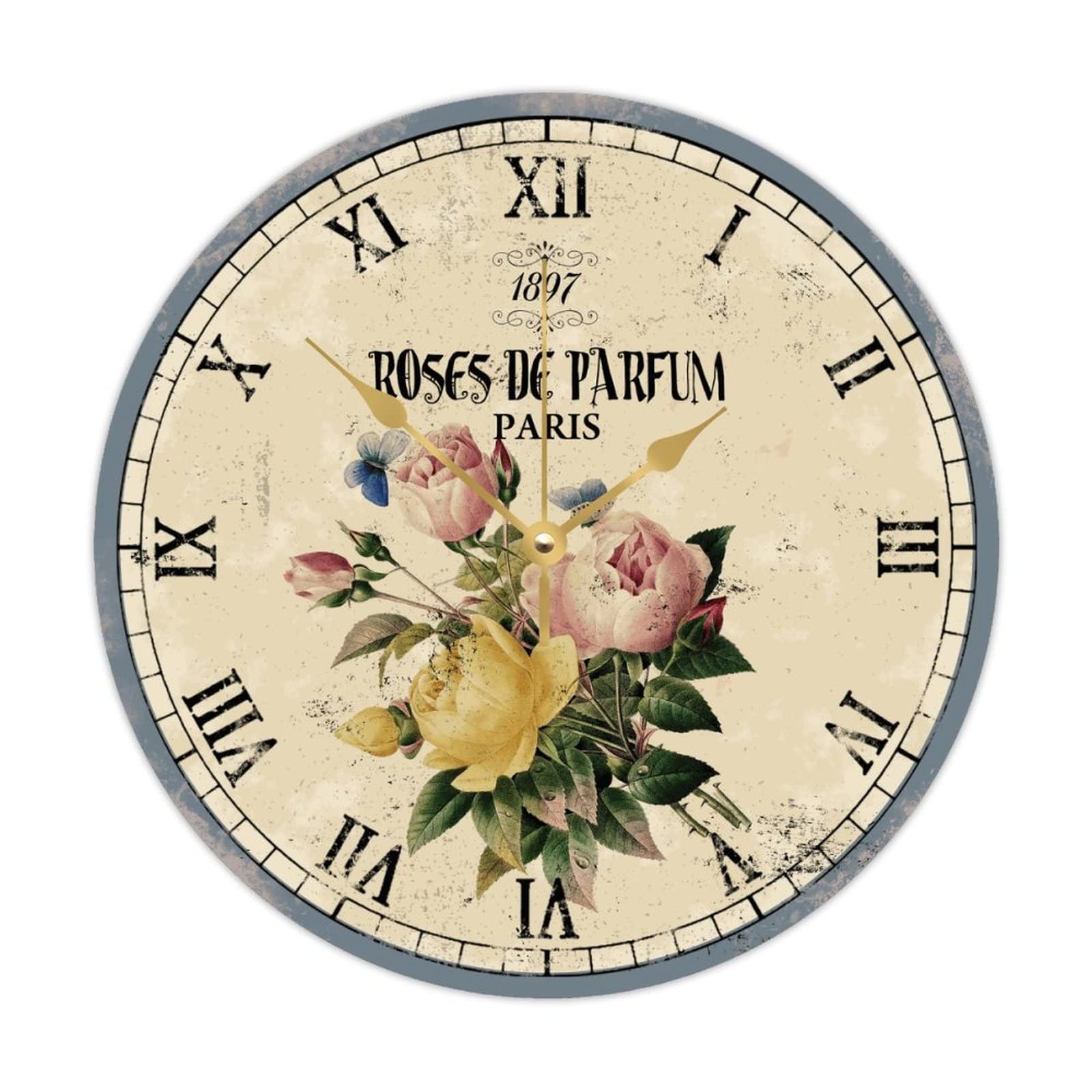 Horloge murale vintage en bois de 38 cm fleurie et silencieuse