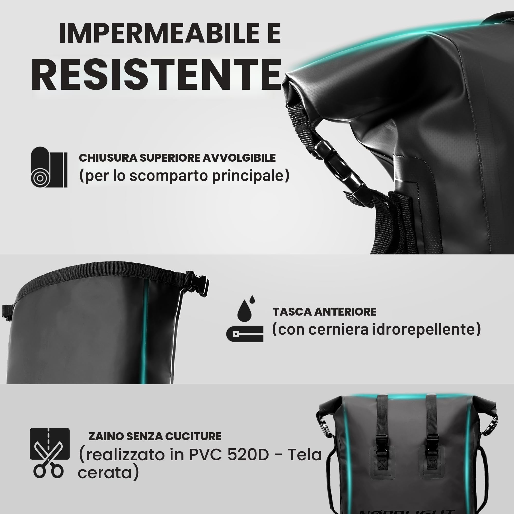 Nordlight Zaino Impermeabile Dry Bag 35l - (Nero) Roll Top con Cinghia di Trasporto Imbottita, per Bici, Messenger, Trekking, Pesca
