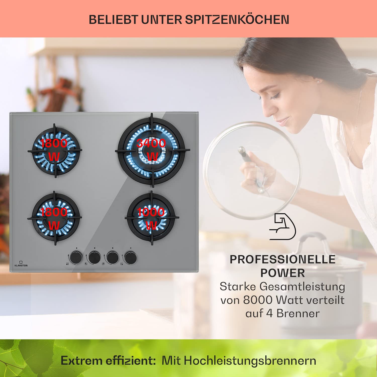 Klarstein Kuchenka gazowa, Gazowa kuchenka do zabudowy na butlę propan, Płyta gazowa 4-palnikowa, Kuchenka do kuchni, na kemping i do kampera, Płyta 8000 W, Kuchenka LPG, Kuchenka gazowa ze stali