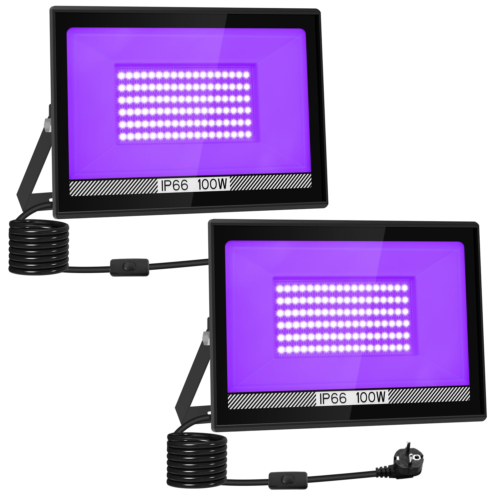 Lumière Noire LED 100W, T-SUNUS Projecteur Lumière UV Extérieur 395-405NM IP66 Etanche, Lampe UV Soiree Fluo pour Soirée Bar Fluorescente Halloween 2 Pièces