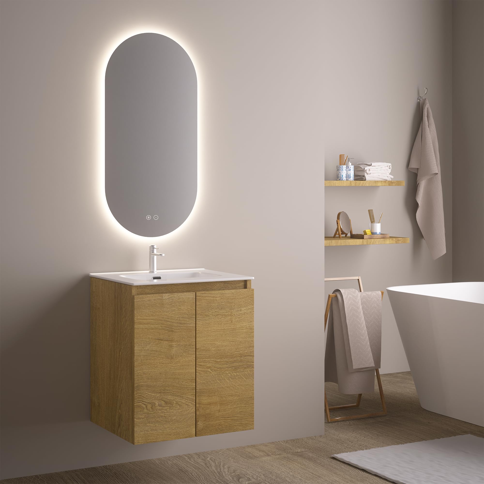 Mueble de Baño Wolf 60 cm Marrón Madera con Encimera Cerámica y Espejo Ovalado LED Antivaho, Lavabo Incluido, 2 Cajones Soft Close, Diseño Suspendido y Compacto para Baños Pequeños