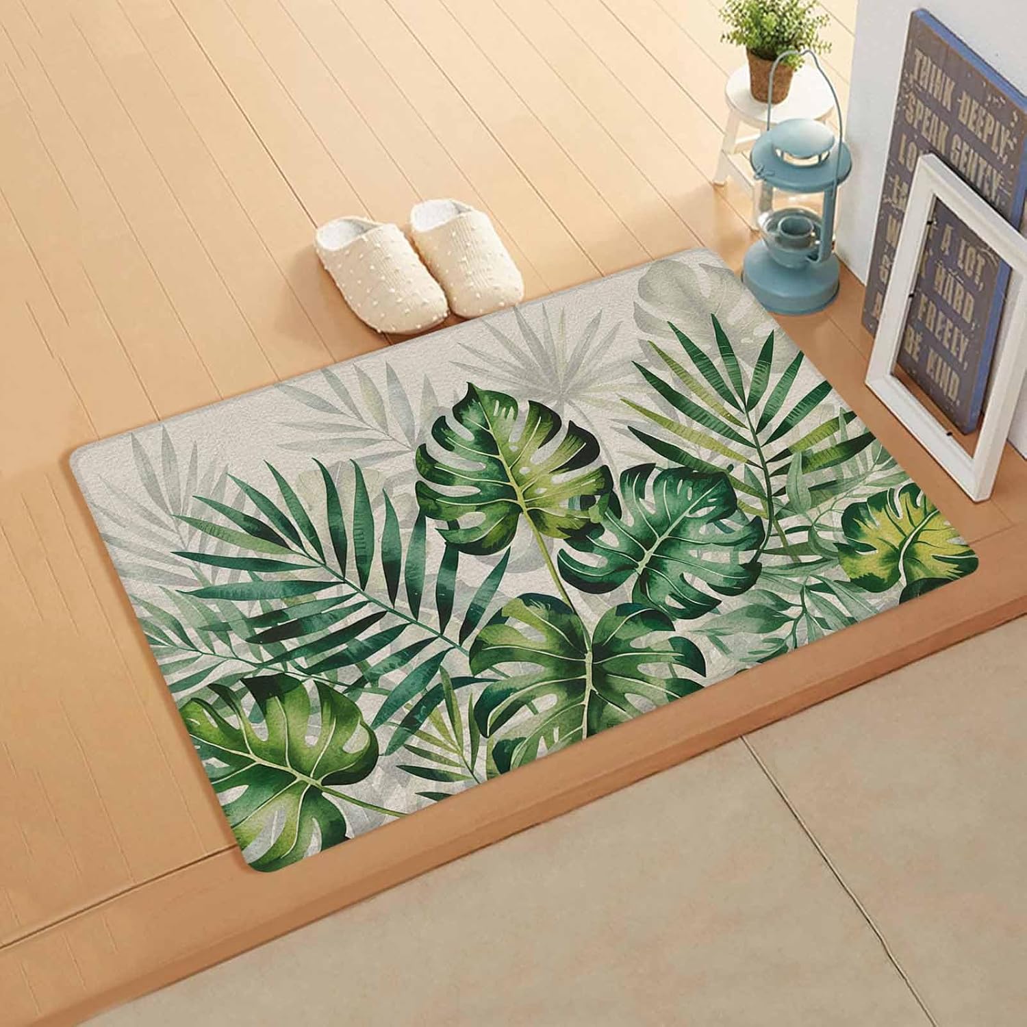 Palm Tree Leaves Antifatigue Kitchen Bath Door Mat Cushioned Runner Rug,Washable Welcome Floor Sink Mat,Green Summer Tropical Leaves Waterproof & Non-Slip Comfort Standing Doormat for Kitchen,18"x30"