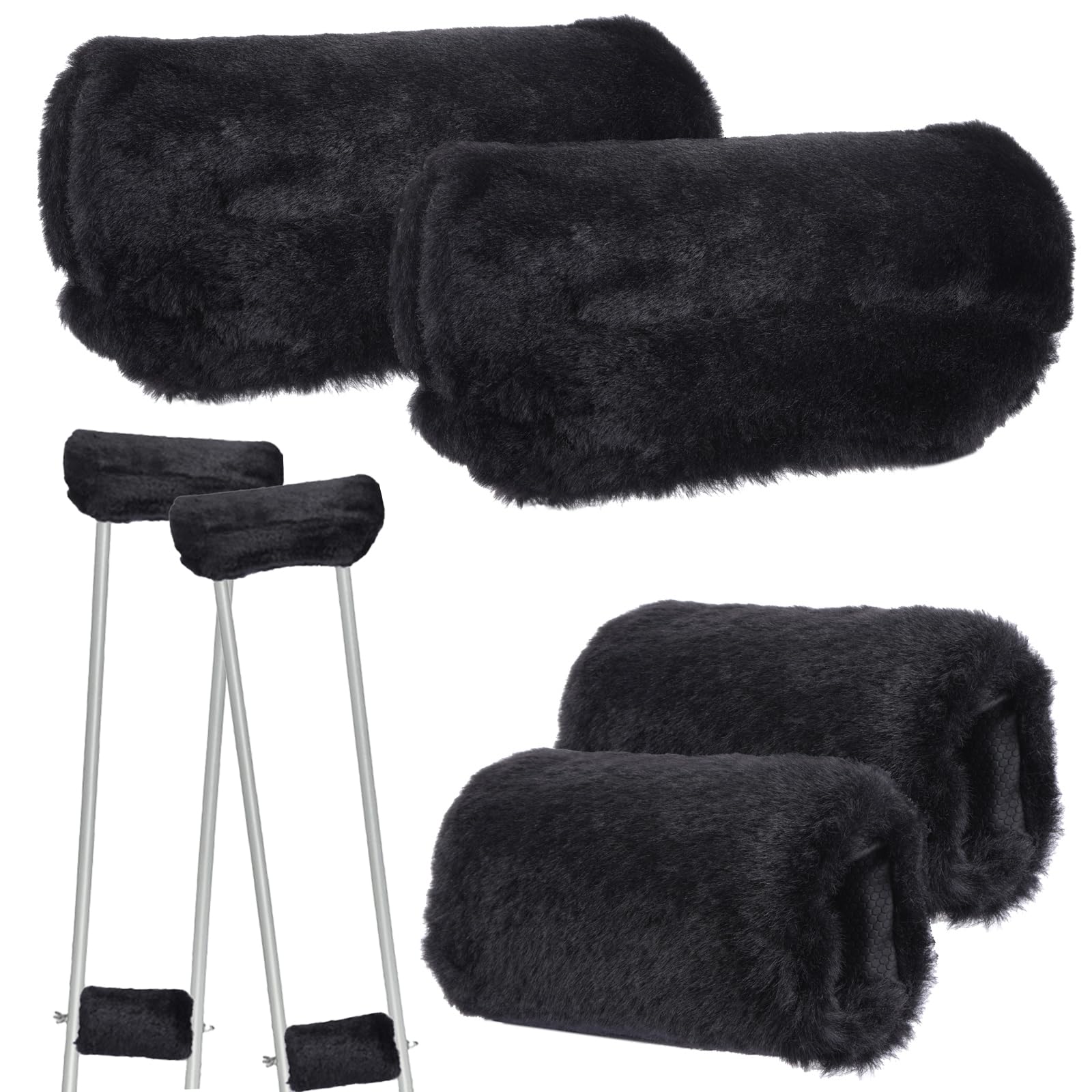 Threlaco Crutches Padding Universal Crutch Pads for Armpits and Hand Grips Faux Fur Padding for Underarm Soft Fluffy Crutch Pads Underarm Crutches Covers Set Accessories for Armpits(Black)