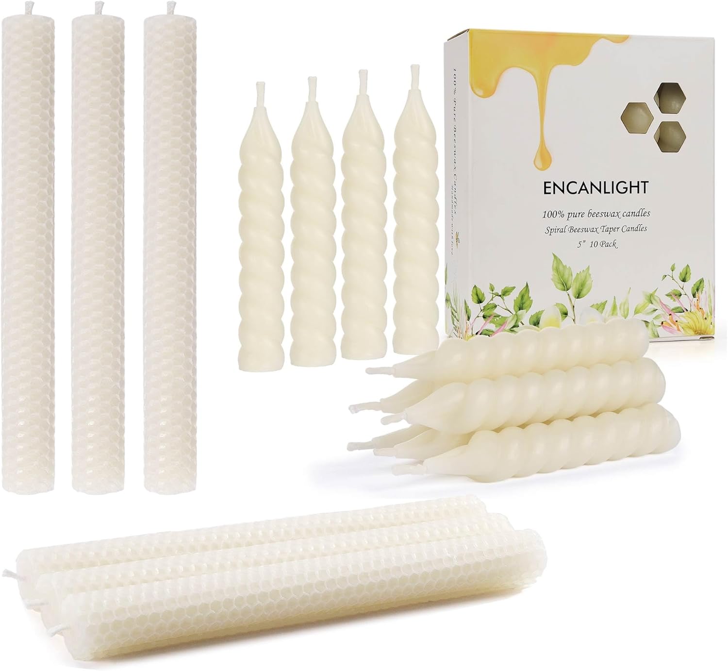 5 Inch Spiral Beeswax Taper Candles 10 Pack and 8 Inch Honeycomb Beeswax Taper Candles 6 Pack