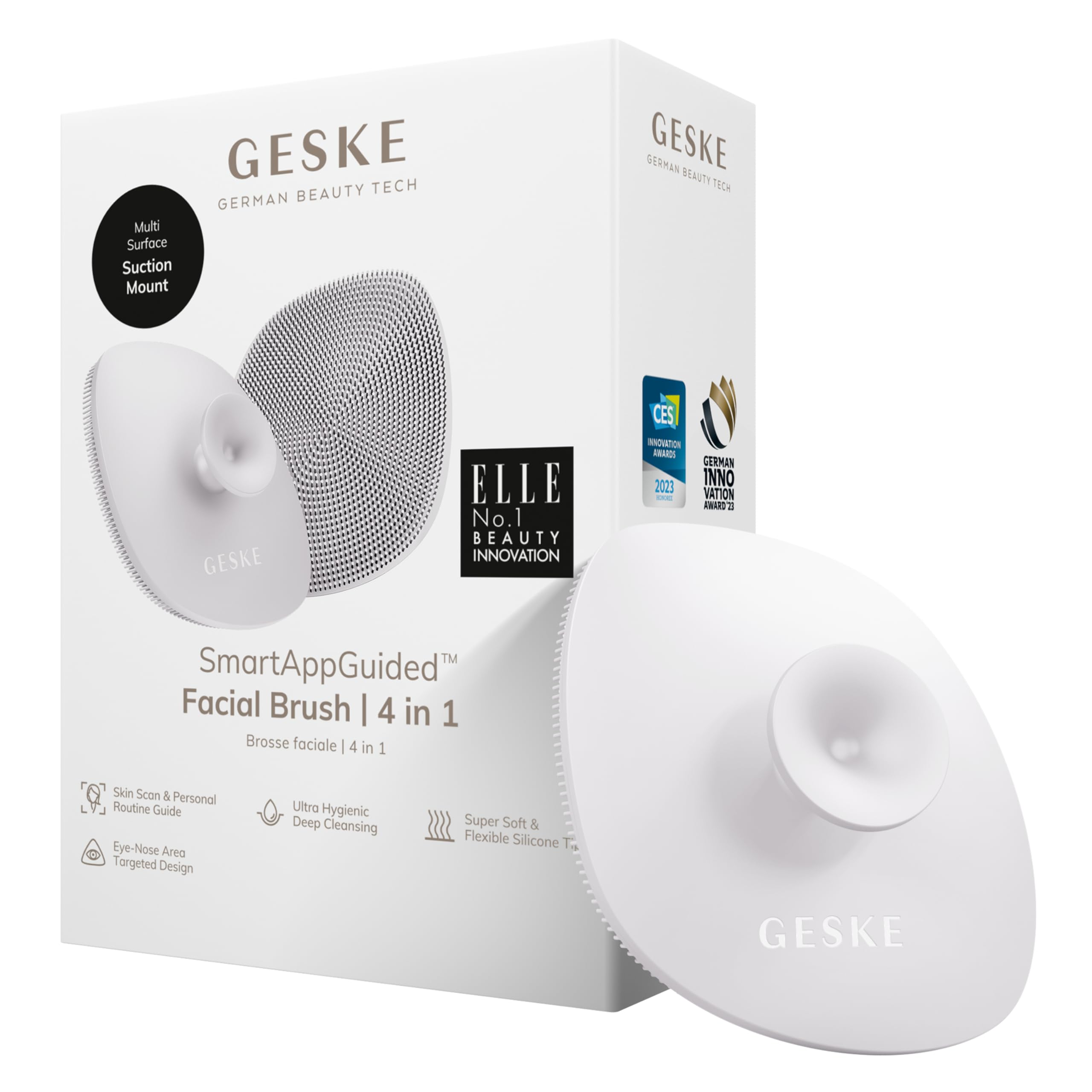 GESKE | Cepillo facial SmartAppGuided™ 4 en 1 | Cepillo de limpieza facial con mango | Cepillo de silicona suave | Limpieza facial profesional | Dispositivo de limpieza facial | Limpieza de la piel