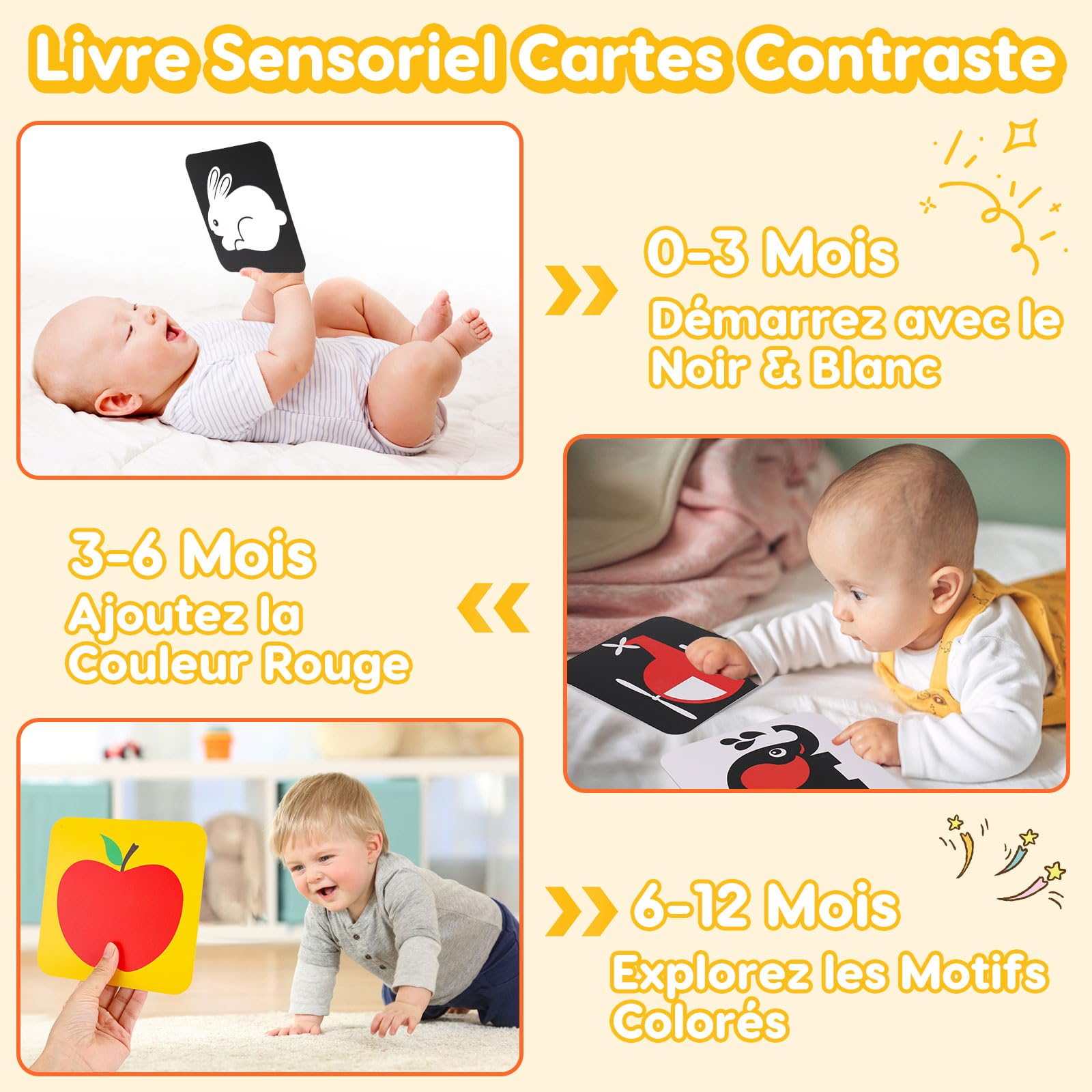 Livre Eveil Bebe 0-3 0-6 Mois, Livre Noir et Blanc Bébé Sensoriel avec Miroir Tummy Time, Carte Contraste Montessori Jeux d’eveil Jouet Bebe 0 3 6 Mois, Cadeau Bébé Naissance Garcon Fille Nouveau-Né