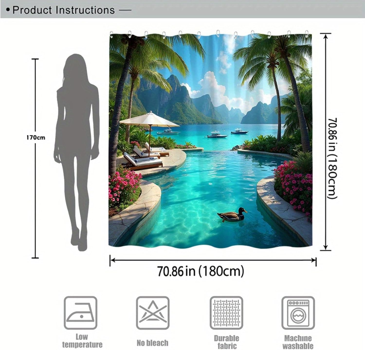 Tropical Paradise Lagoon Shower Curtain, Tranquil Beach Bathroom Bathtub Decor Polyester Fabric Shower Curtain Bath Screen 118x77in-300x195cm/WxH