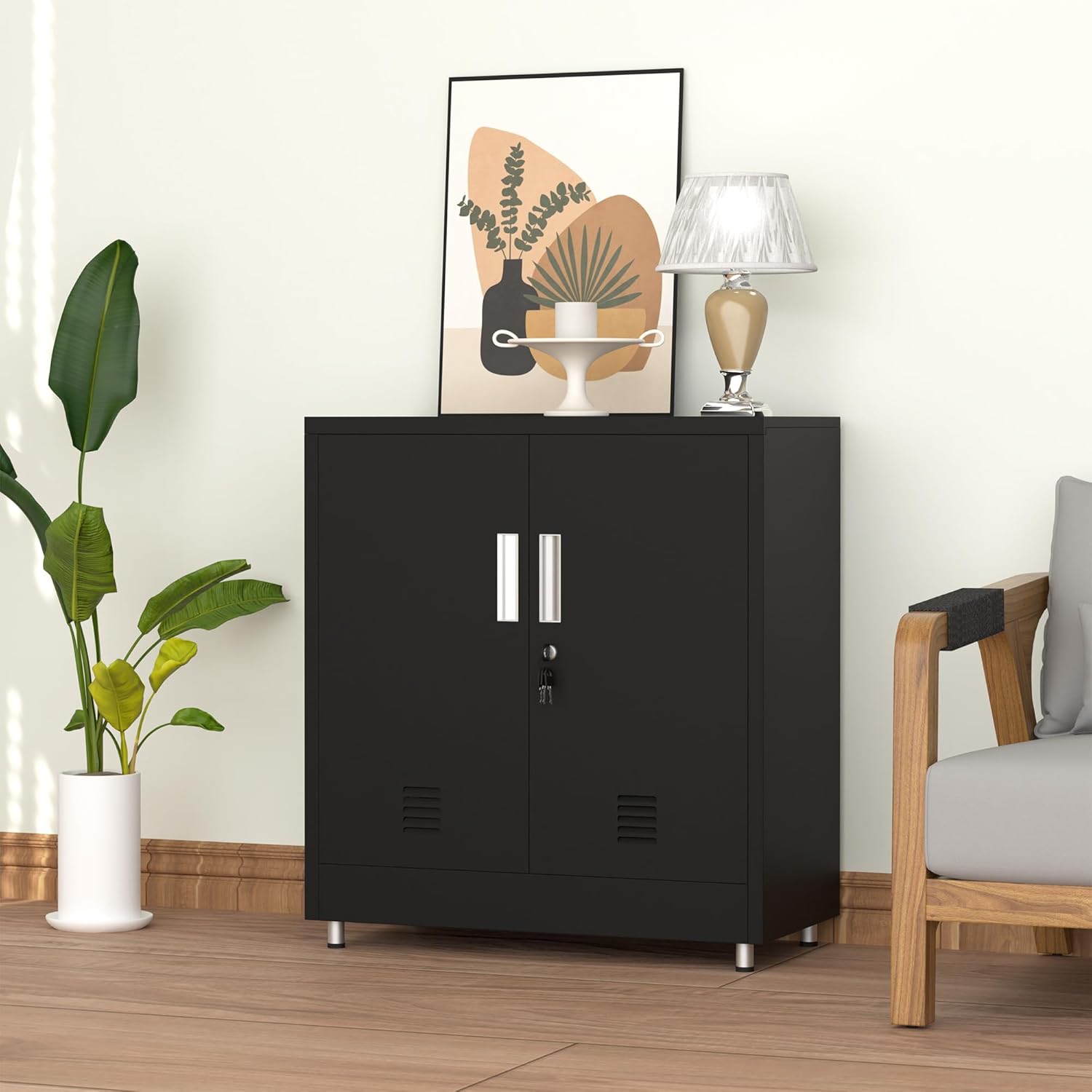 Metal Storage Cabinet with Locking Doors and Adjustable Shelf, Small Lockable Sideboard Buffet Cabinet for Home, Office, Entryway, Hallway, Living Room, Kitchen and Dining Room (Black)