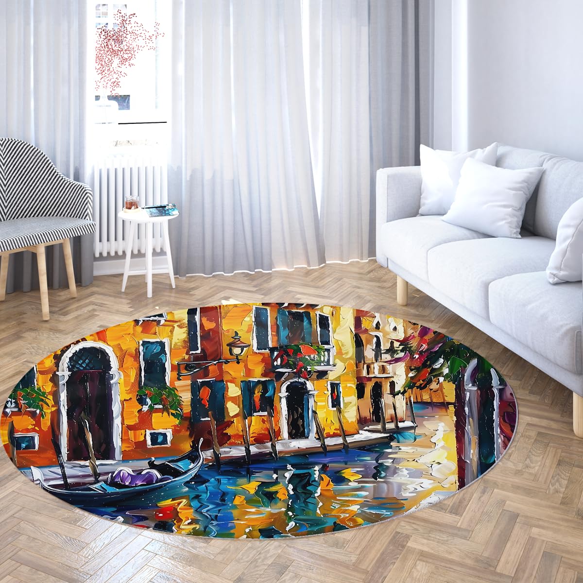 Tapis Venise lavable antidérapant grand rond 180cm paysage impressionniste jaune salon