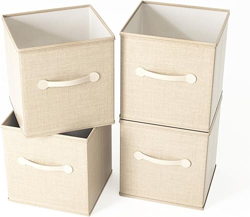 Miniatura 1 de CODCAW - Cubos de almacenamiento de tela cubos de almacenamiento con asas de cuero duales paquete de 4 cubos plegables para estantes hogar oficina