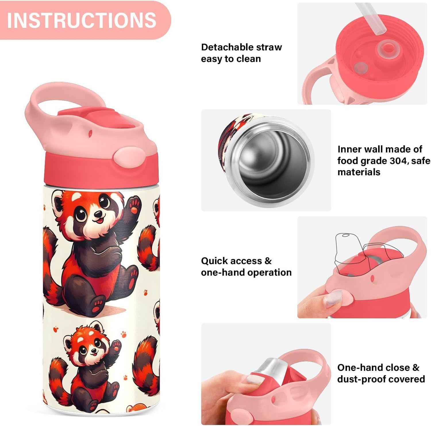 Red Panda Animal Kids Insulated Water Bottle, Toddlers Tumbler Travel Cup with Straw & Handle Stainless Steel Cup for Travel School Girls 12 oz