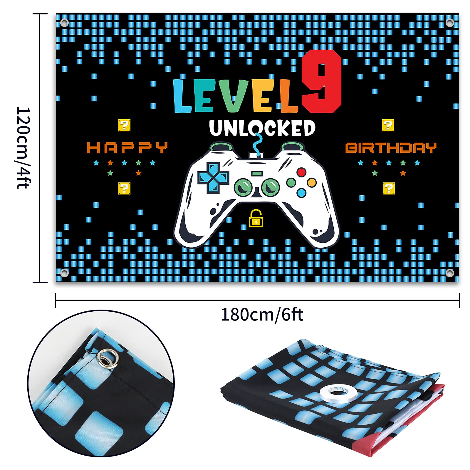 HAMIGAR Baner z napisem "Happy 9th Birthday" 1,8 x 1,2 m – poziom 9 odblokowane dekoracje urodzinowe artykuły imprezowe dla chłopców – niebieskie