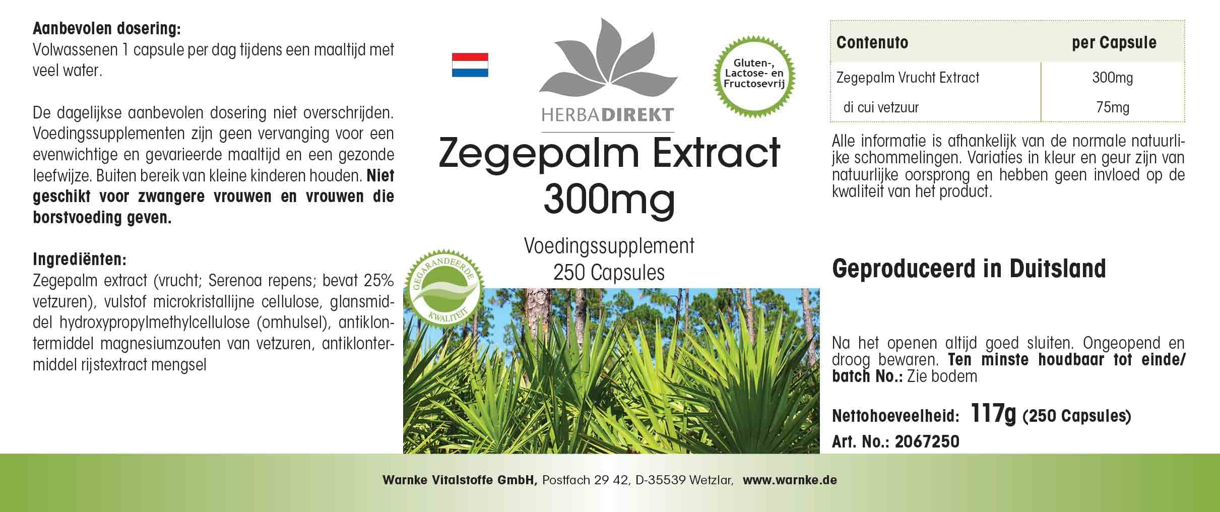 Extrait de palmier nain 300mg - avec bêta-sitostérol - grand emballage - 250 gélules | Herba Direkt - Qualité des pharmacies allemandes