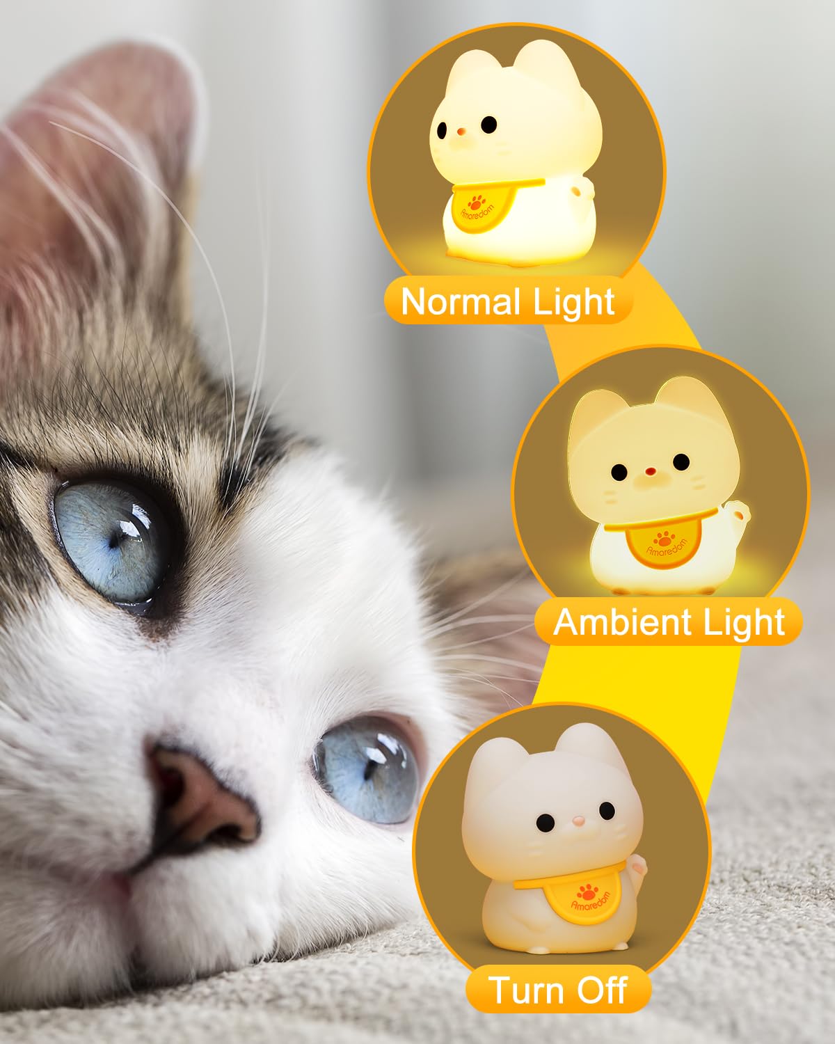 Amaredom Waving Kitten Night Light, Cute Cat Lamp, Silicone Dimmable Nursery Nightlight - Image 3