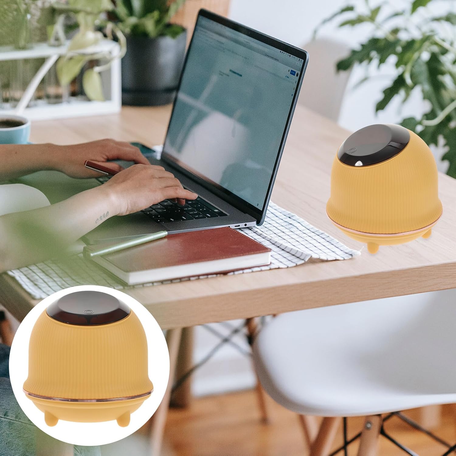 Compact Desktop Waste Bin with Lid, Small Portable Press-top Trash Can for Office and Household, Yellow Cylinder Mini Storage Bin for Desktop Organization