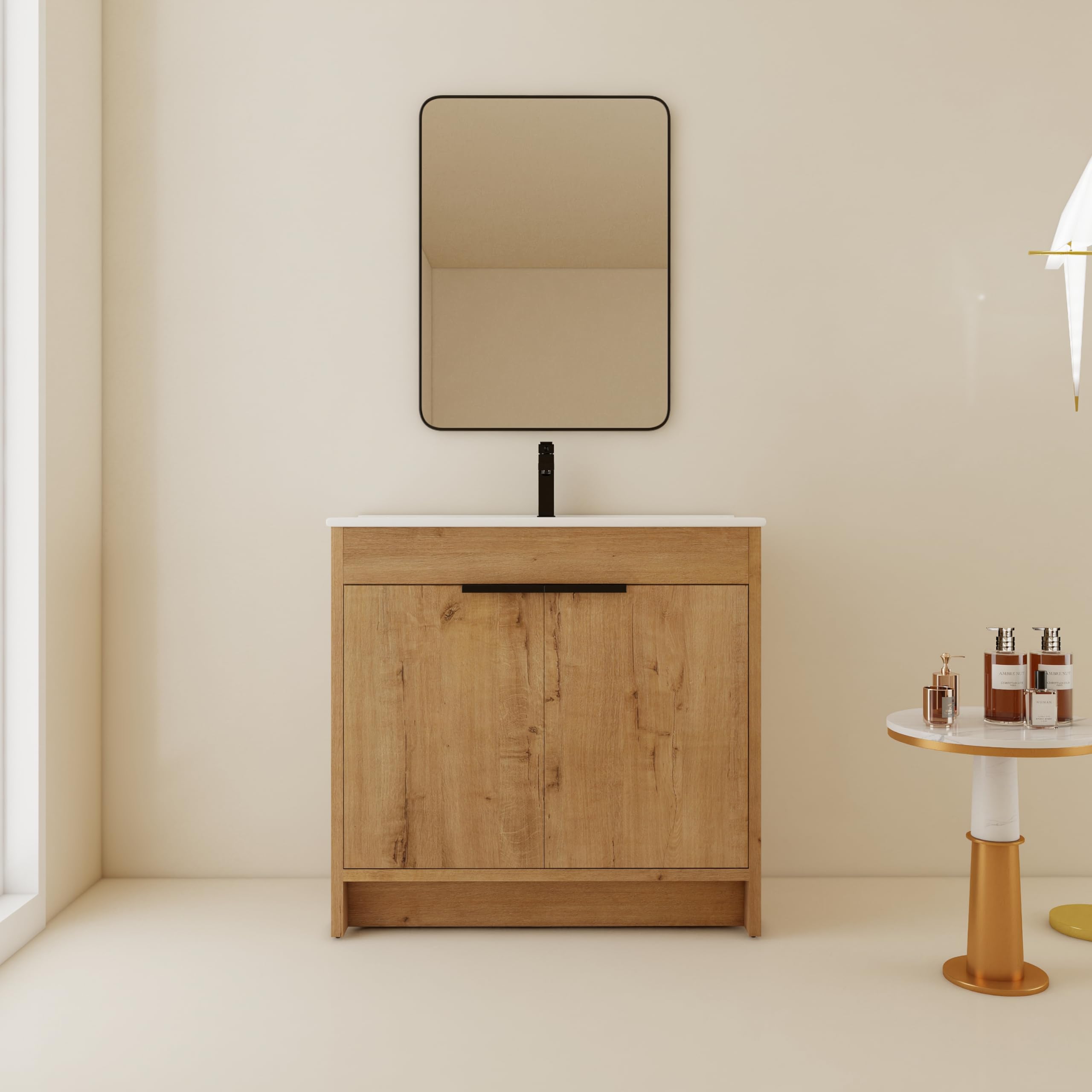 San Merah 36 inch Bathroom Vanity with Sink, Bathroom Cabinet W/Single Ceramic Sink, Freestanding Bathroom Vanity with Soft Close Doors& 1 Adjustable