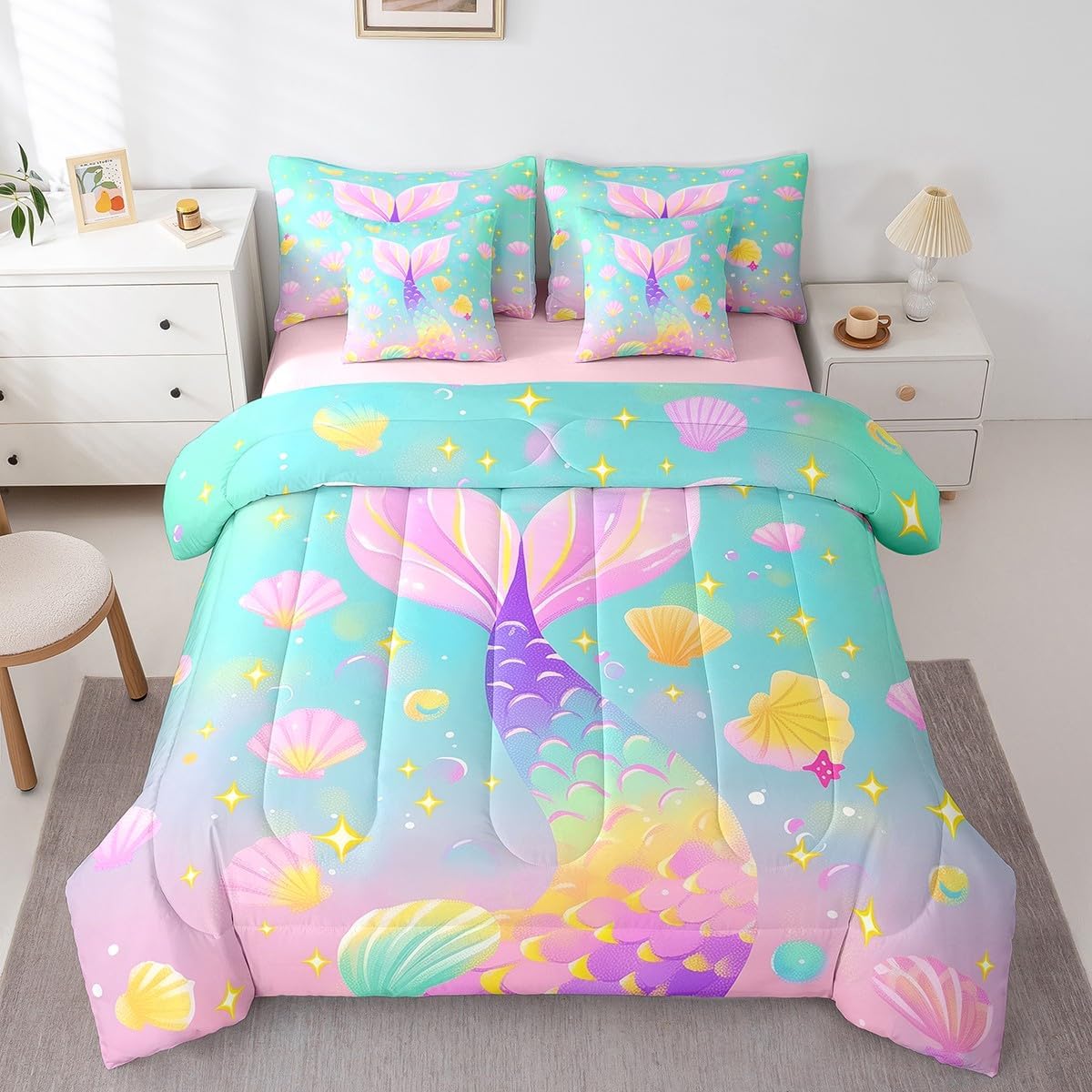 Mermaid Comforter Set 7 PCS,Girls and Women Bed Set for Boys Girls Kids,Pink Purple Tail Scale Bed in a Bag Bedding Set with Comforter,Sheet Set,Pillowcases,Pillow Covers,Twin