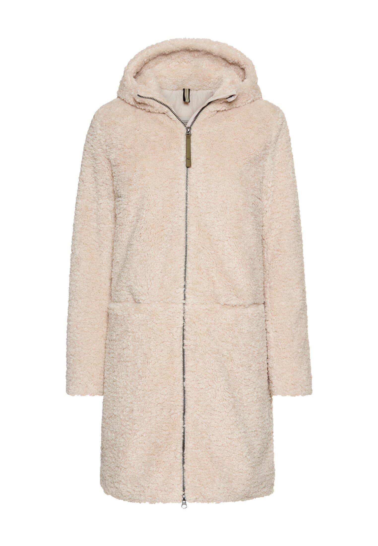 camel active Damen Teddyfell Mantel lang mit Frontzipper & Kapuze