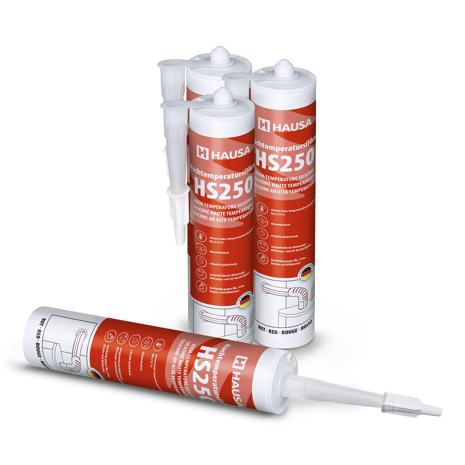 Silicone haute température HS250 Colle et mastic professionnel pour joints pour températures jusqu'à 305°C Étanchéité de moteurs automobiles, industriels et marins 4x310ml (Rouge) HAUSA