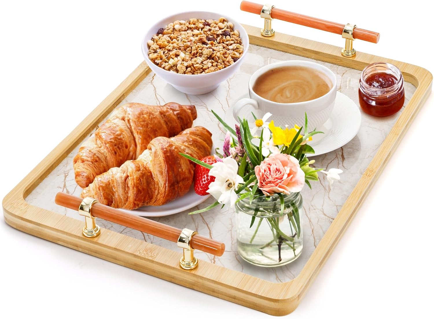 DEAYOU Bamboo Serving Tray with Handles, Marbling Decorative Ottoman Tray, Large Serving Platter for Coffee Table, Breakfast, Dinner, Perfume, Kitchen Counter, Living Room, Rectangle, 15.5"Lx 11.5"W - Image 3