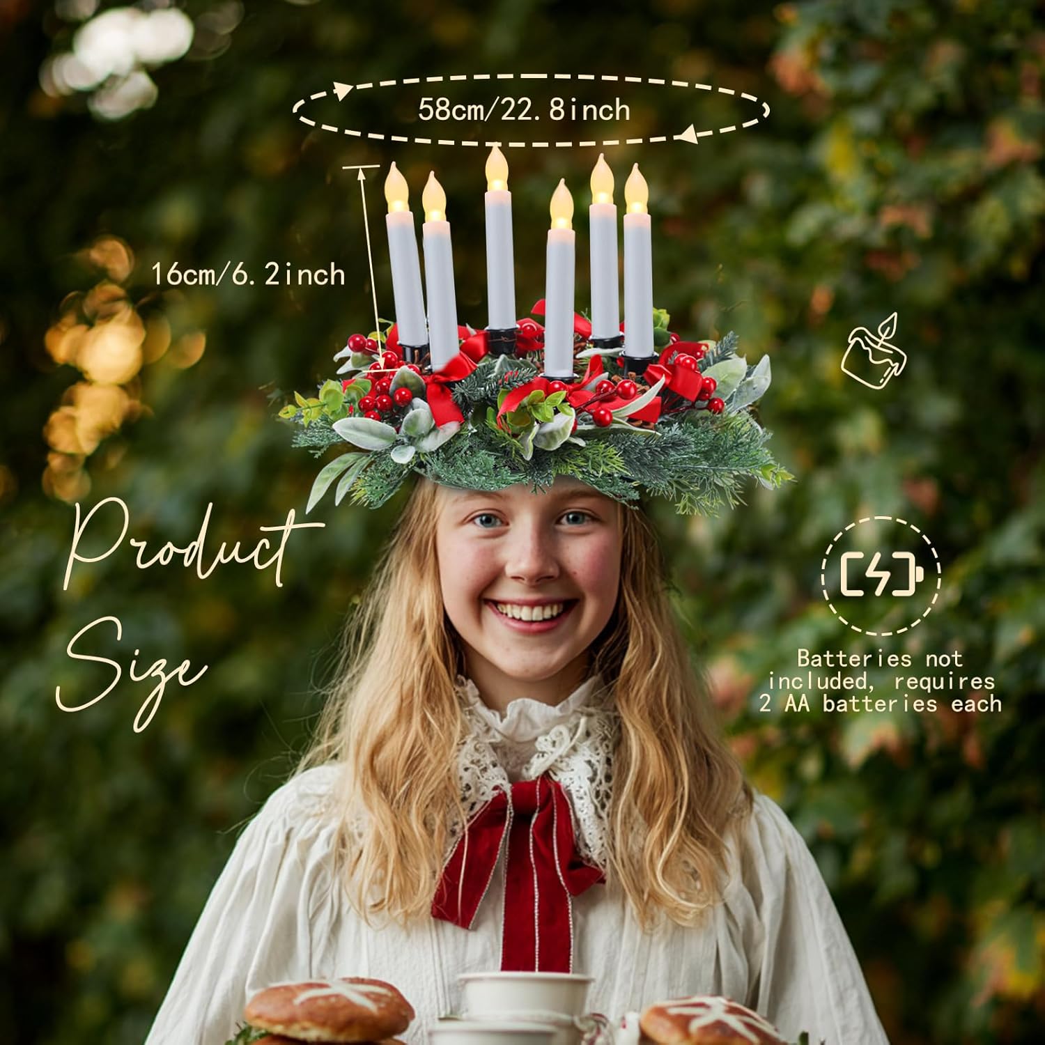 Hoteam Artificial Christmas St. Lucia Crown Saint Grapevine Christmas Wreath with 6 LED Candle Frosted Berries, Leaves and Pineal Sweden Sankta Lucia Krone Queen for Xmas Costume