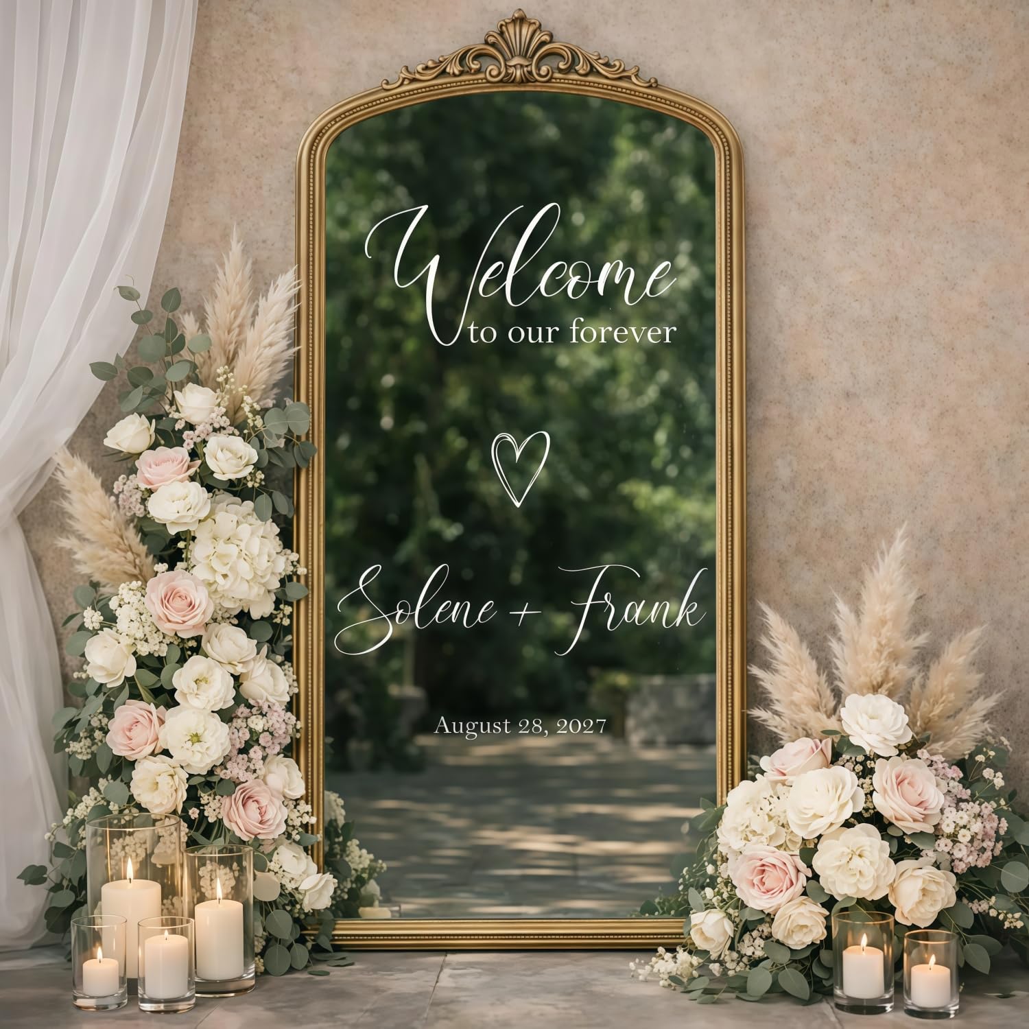 Custom Wedding Mirror Decals, Personalized Names & Date Vinyl Sticker for Reception Welcome Sign, Modern Marriage Ceremony Entrance Decoration for Bride Groom(57x94cm)