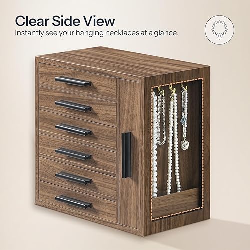 Miniatura 6 de HOOBRO Joyero para mujer, caja organizadora de joyas, caja de joyería de madera de 6 niveles, joyero con ventana lateral transparente, regalo