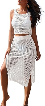 HUUSA Women's 2 Piece Crochet Swimsuit Coverups Hollow Out Bikini Bathing Suit Cover Up Swimwear Mesh Beach Slit Skirt Set