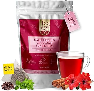 Sweet Hibiscus Cinnamon Green Tea Bags (50 Count), Caffeinated, Real and Natural, Blended with Fresh Herbs and Spices, Gluten Free