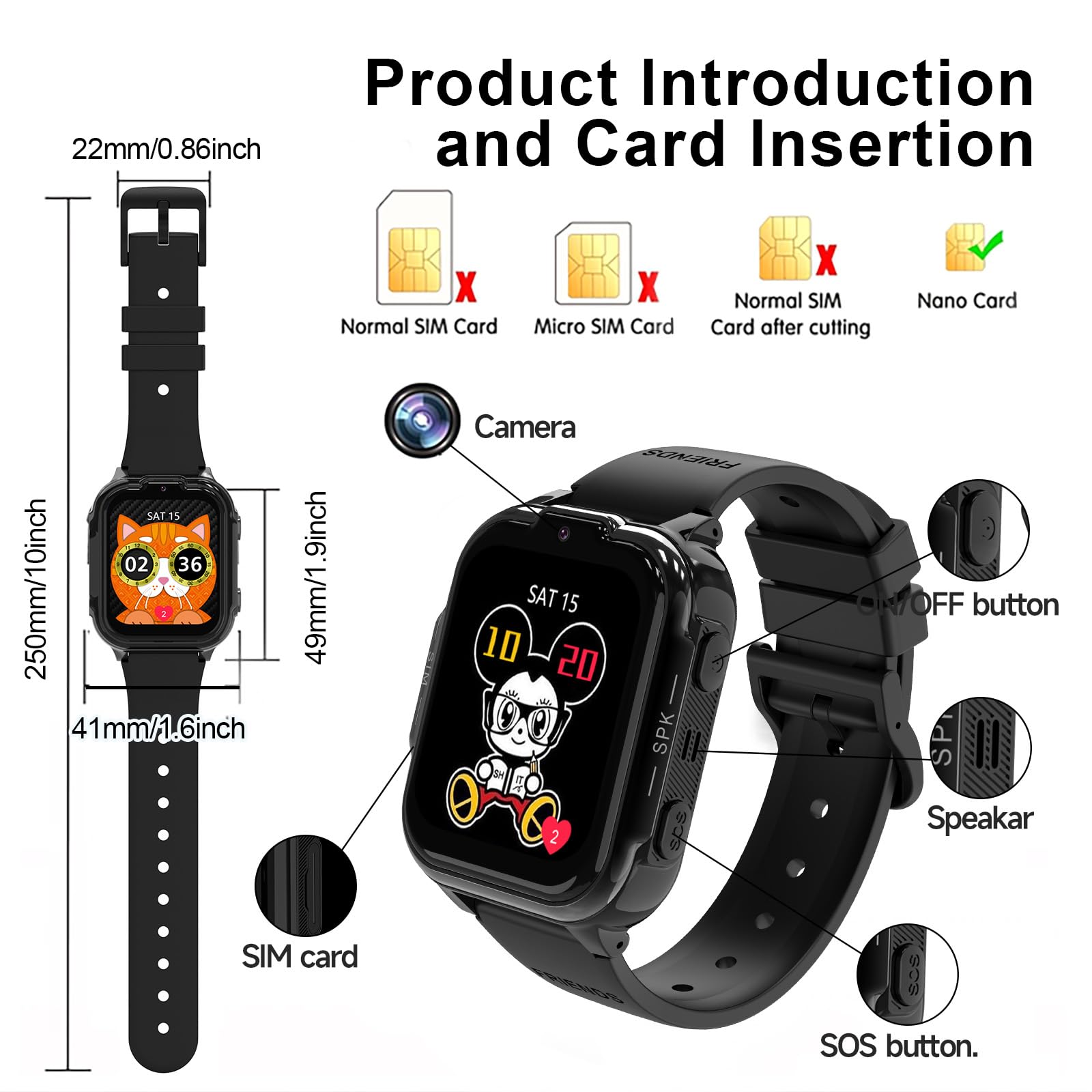 Smartwatch Bambini 4G, Orologio Smartwatch Bambini con Video HD e Chiamate, Touch Screen da 1,83 Pollici, SOS, GPS, Giochi, Modalità Classe, Regalo per Ragazzo e Ragazza 4 ai 14 Anni (Nero)