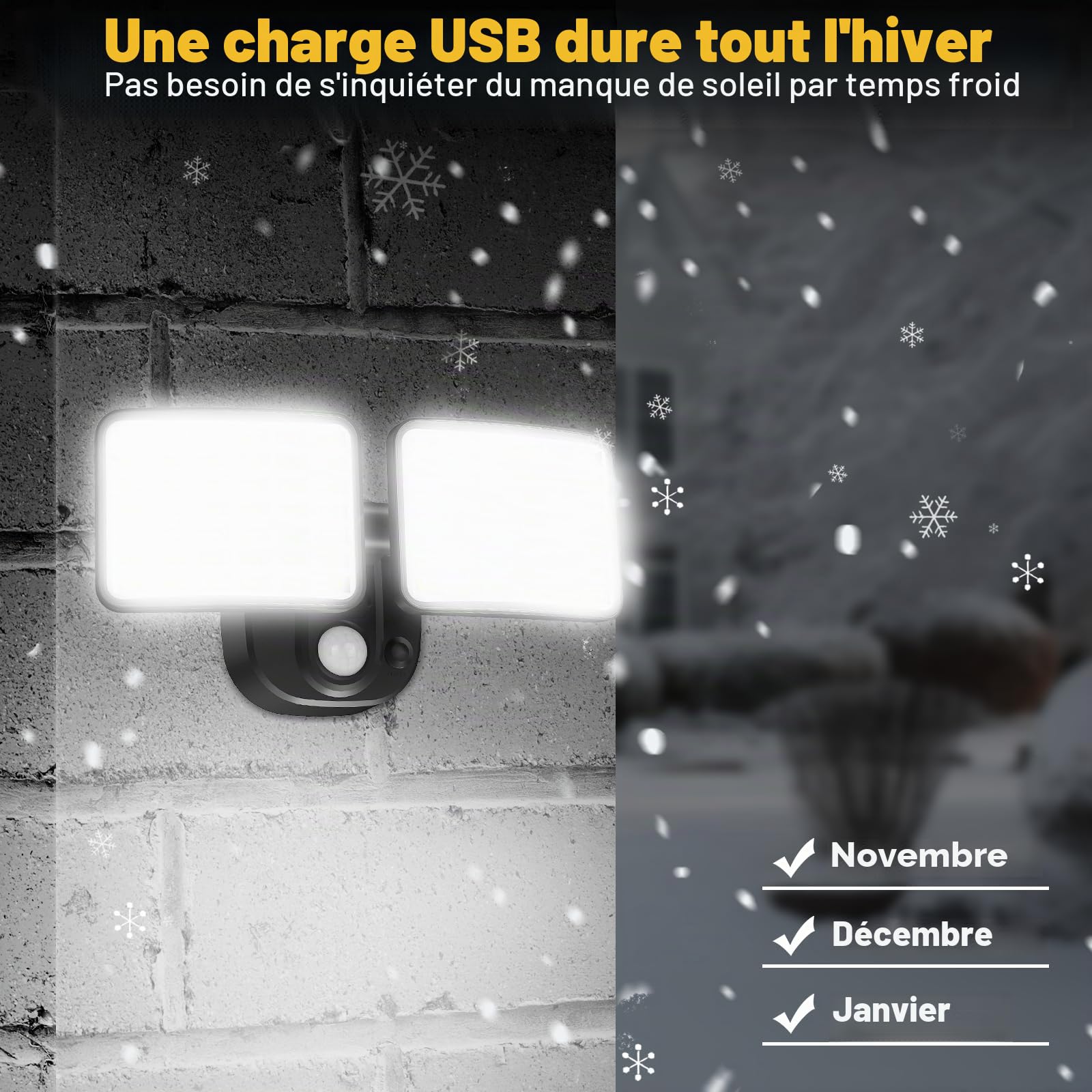 Lampes de sécurité extérieures alimentées par piles rechargeables avec détecteur de mouvement, chargement USB, autonomie de 1 à 3 mois, lumières à détecteur de mouvement pour garage, cour