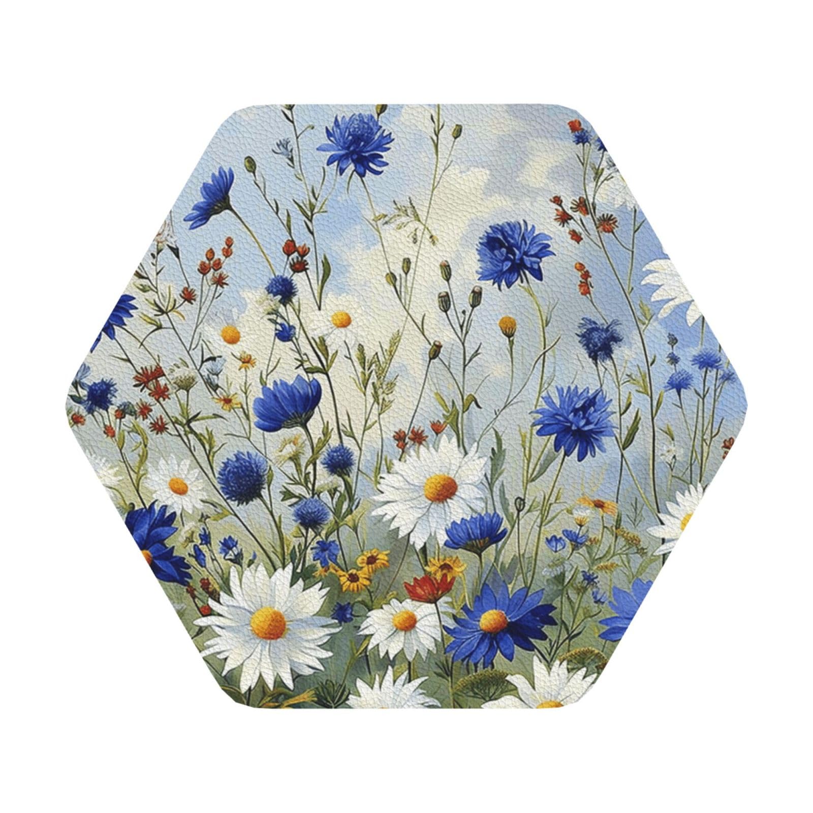 Wild Flowers and Cornflowers Daisies art Print Leather Coaster Set of 6, Hexagon Coasters Table Decorative Coffee Cup Beverage Coasters Wine Beer Bar Coasters for Hot Drinks Table Protection