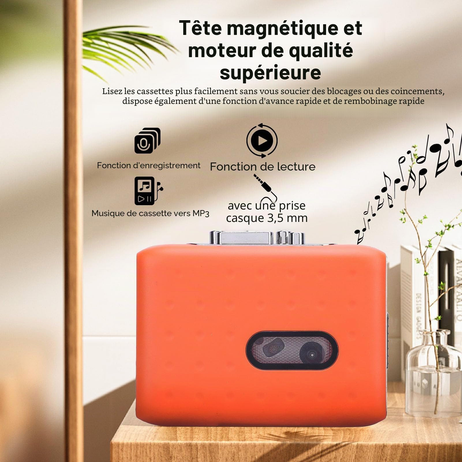 Convertisseur de Cassette USB à Cassette USB Portable avec Enregistreur de Microphone intégré et Socket de Casque Orange