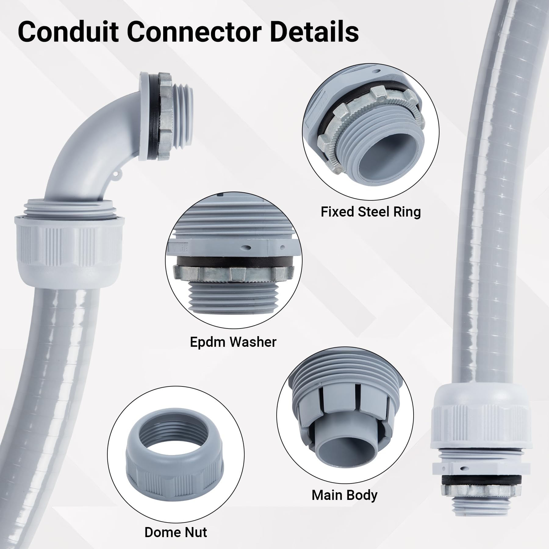 Neoaider Kit de conductos y conectores herméticos a líquidos de 1/2 pulgada, 50 pies, conducto eléctrico flexible no metálico, con 5 accesorios rectos y 5 ángulos, entierro directo, al aire libre