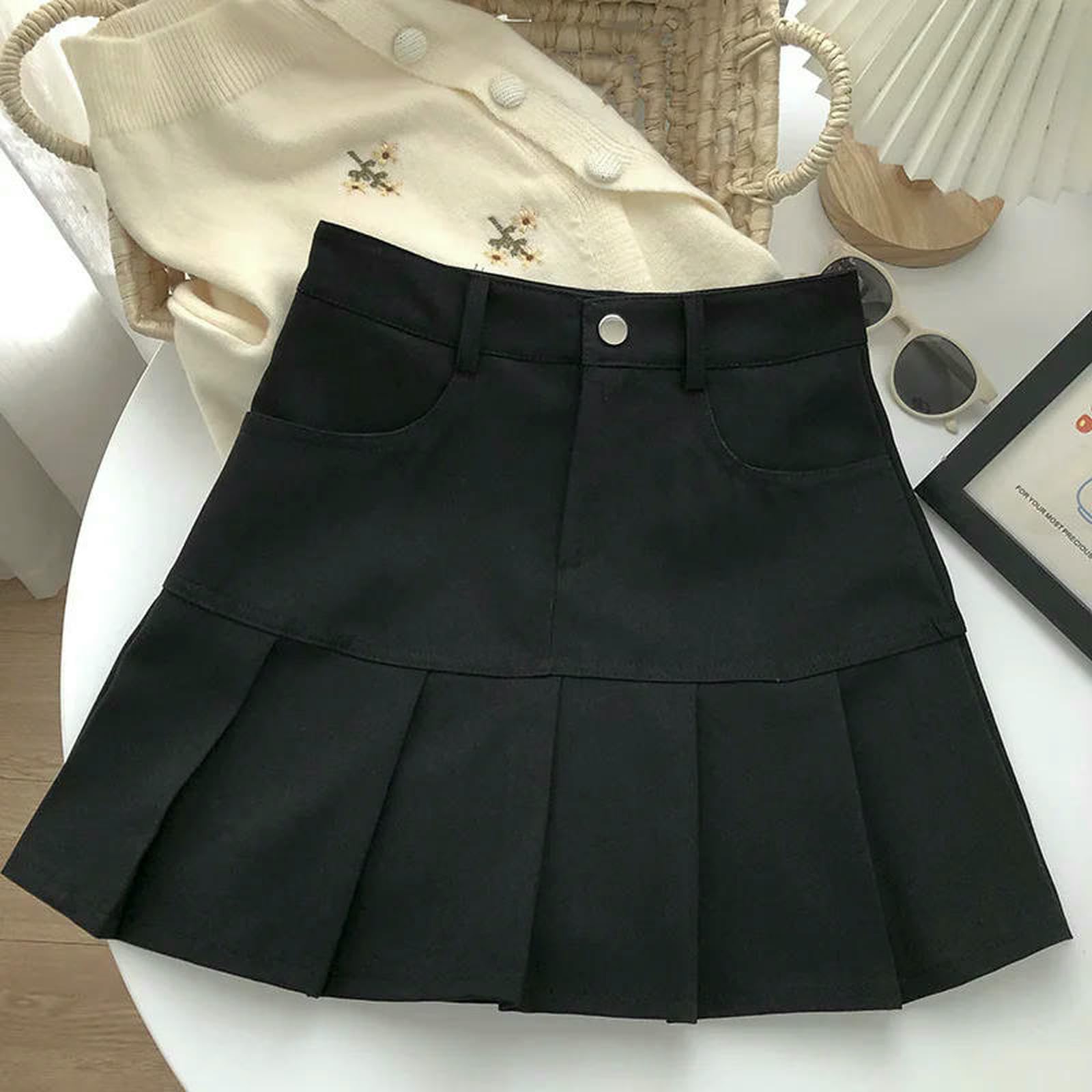 Rock Vintage High Waist Faltenrock Damen College Style Uniformen Sicherheitshose Mini Street Slim A-Linie Rock-schwarz-s
