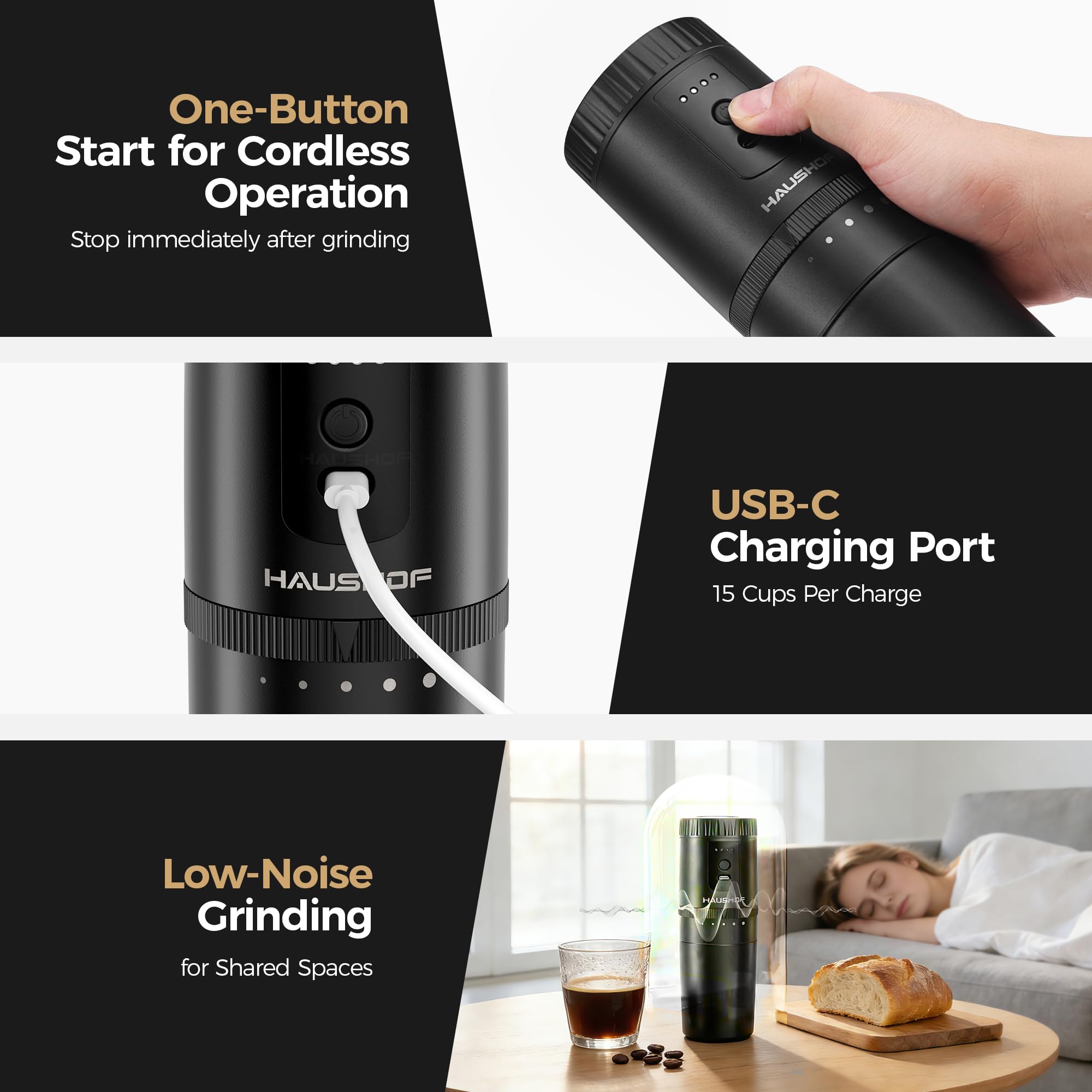 HAUSHOF Przenośny ekspres do kawy All-In-One z wbudowanym młynkiem, 5 ustawień mielenia, ładowany przez USB-C, izolowany kubek 300 ml, idealny do podróży i campingu, czarny