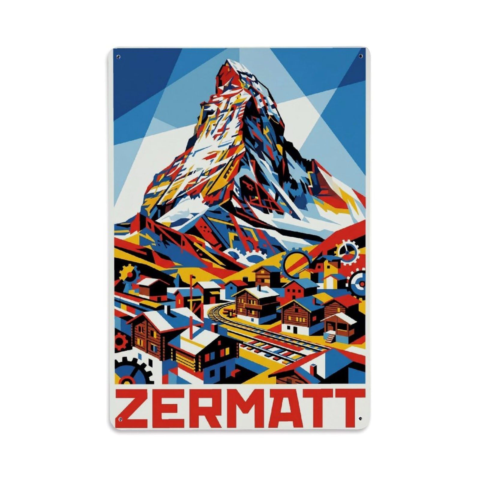 Olhnbad Style Linework Zermatt Switzerland Alpine Travel Metal Tin Sign