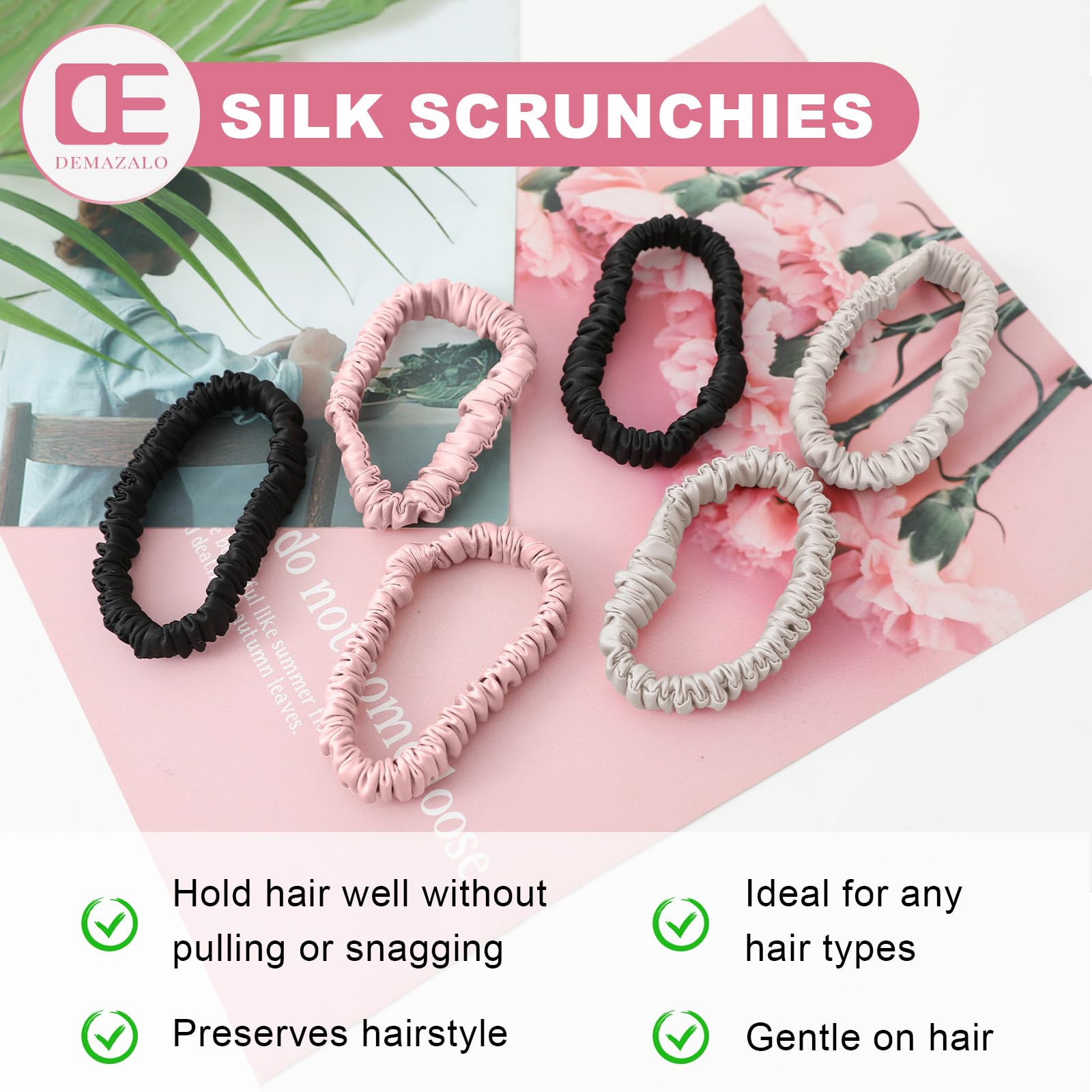 6 lazos de seda para el pelo, tamaño pequeño, 22 momme, 100 % seda de morera pura, para mujeres y niñas, coleteros delgados para dormir, sin daños (color 05)
