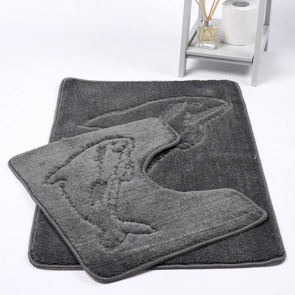 Kampala Hill Dolphin Bath Mat 2 Piece Set Non-Slip Pedestal and Bath Mat Toilet Bathroom Rug - Grey